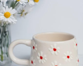 Handmade Daisy Mug Set: Ceramic Coffee Tea Cups, Boho Cottagecore Kitchen Decor