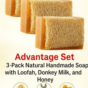 Set of 3 Donkey Milk Soaps with Fibrous Honey – Handmade Natural Bars – 3x120g Moisturizing Face & Body Skincare Gift