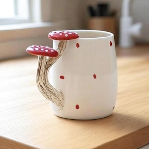 Puede incluir: Taza de cerámica blanca con un asa con forma de hongo. La taza tiene puntos rojos y dos hongos rojos en el asa.