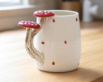 手作りキノコ取っ手付き陶器マグ – 400mlユニークなカップ – ナチュラルラスティックデザイン – ボヘミアンデコ – 彼女へのギフト