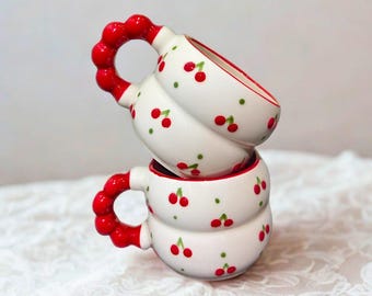 Handmade Ceramic Cherry Mugs (Set of 2) - Cottagecore Kitchen Decor