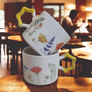 Handmade Floral Ceramic Mug Set: Cottagecore Botanical Tea Cups