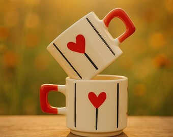 Handmade Ceramic Heart Mugs - Romantic Coffee Tea Cups - Set of 2