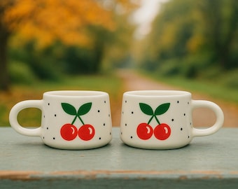 Handgjorda keramiska körsbärsmuggar (set om 2) - 325 ml fruktkaffe-tekoppar