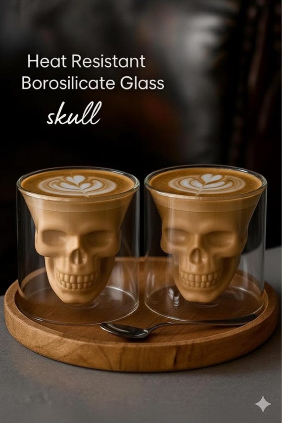 Handmade Skull Double Wall Glass Cup: Gothic Coffee Mug