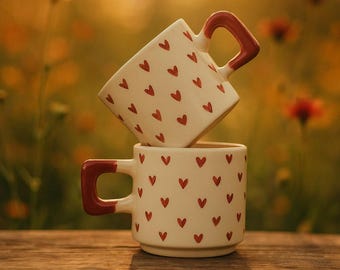 Handmade Ceramic Heart Mugs - Romantic Tea Coffee Cups - Set of 2