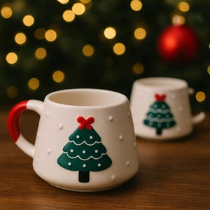 2er Set Handgemachte Keramiktassen – Tannenbaum Design – Rustikale Walddeko – Winter & Weihnachtsgeschenk