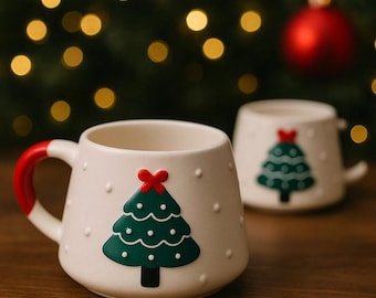 Handmade Ceramic Christmas Mug Set: Rustic Pine Tree Coffee Cups