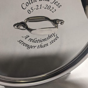 All Clad 12&quot; frying pan with lid, D3 stainless, polished  - custom engraved on lid or handle. Cork heat pad included.