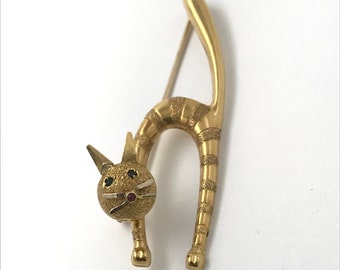 Vintage 18k Gold Cat Brooch: Emerald Eyes, Ruby Nose, Arched Back Kitten Pin