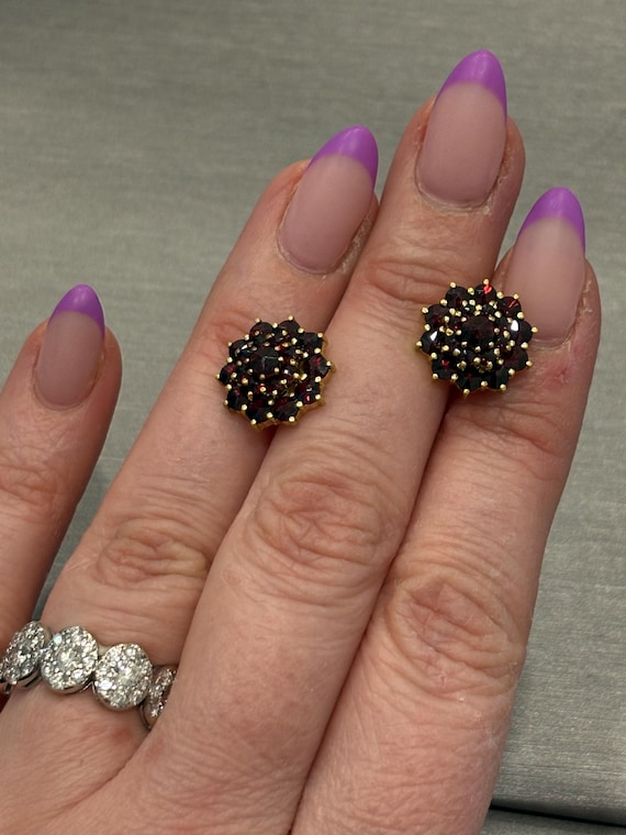 Antique Bohemian Garnet Cluster Earrings: 14k Yellow Gold Studs