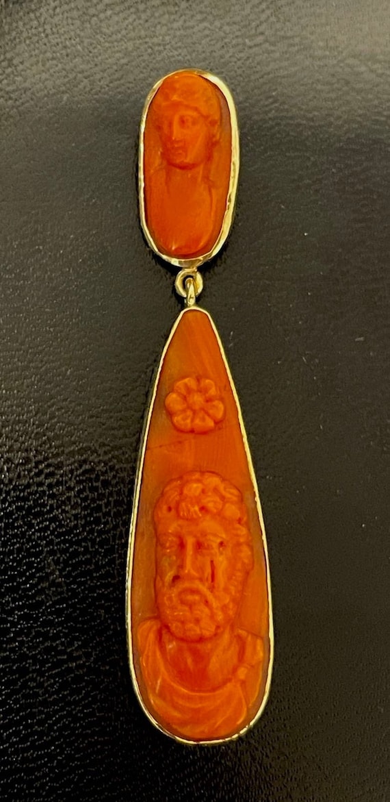 Victorian 14k Gold Red Coral Cameo Pendant: Lady & Philosopher