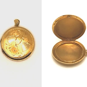 Vintage Estate 14k Yellow Gold Round Etched Floral Poison Pill Memory Locket Memori mento Pendant Charm Mourning Hair 7155
