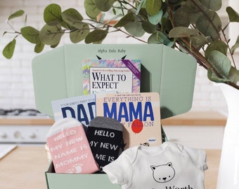 New Mommy and Daddy Gift Box: Onesie, Socks, Parenting Books