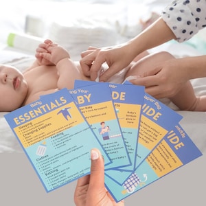 May include: A set of blue and yellow cards with tips for caring for a newborn baby. The cards include titles like "Baby Essentials", "Feeding Your Baby", "Diaper Bag Guide", and "Waddle Guide".