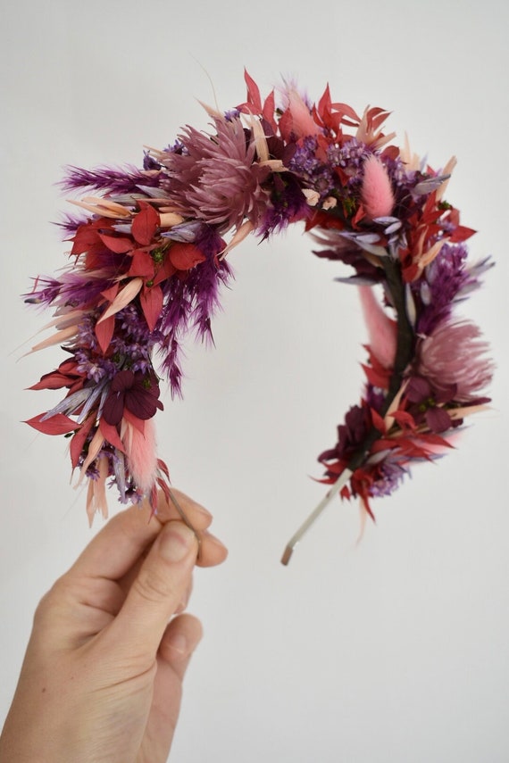 Floral Peach and Purple Headband Purple and Peach Floral Hairband. Braided Headband. Cotton  main image 2
