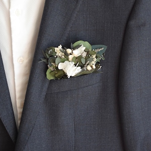 Hydrangea and eucalyptus pocket boutonniere