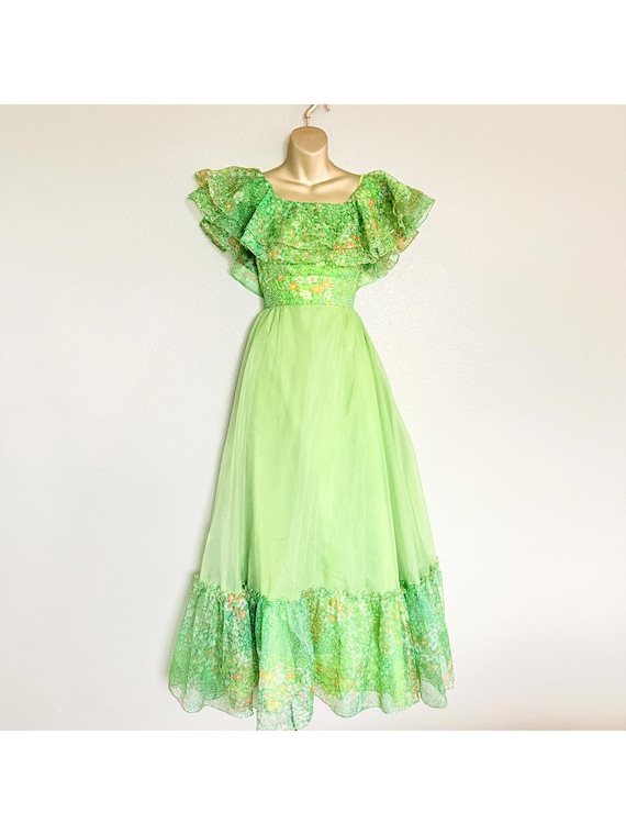 green southern belle dress Vintage 70s Spring Whimsy Floral Chiffon Prairie Cottagecore Maxi Gown Sz XXS collection_boots_womens_western