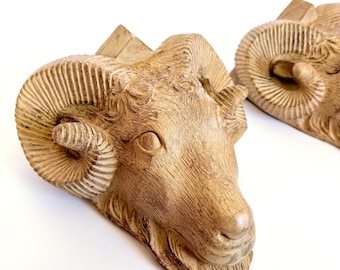 Vintage 80s Ram Head Faux Wood Wall Shelves, Set of 2