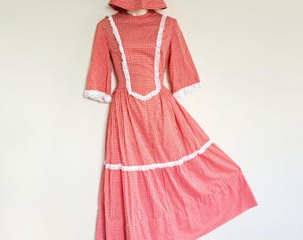 VTG 70s Cottagecore Americana Homemade Red Gingham Eyelet Lace Prairie Dress