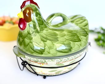 Temptations by Tara Old World - Juego de cacerolas de cerámica de 2 cuartos de galón, 4 piezas, diseño de gallina anidada verde