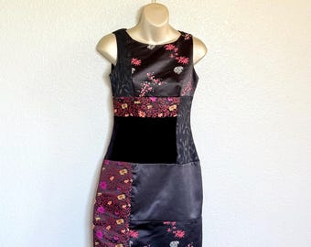 Vestido tubo vintage de los años 90 con brocado floral y terciopelo, estilo asiático, estilo Whimsigoth, talla 2P de David Warren