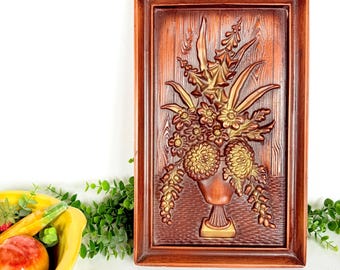 Placa de pared vintage de los años 70, estilo MCM, con crisantemos y margaritas de cerámica Burwood, imitación madera.