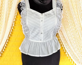 Funda de corsé de encaje blanco estilo bohemio de la pradera, estilo cottagecore, romántico, años 70, talla M