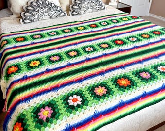 Vintage Handmade Rainbow Flower Granny Square Crochet Afghan Blanket 67x50