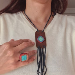 Boho Leather Turquoise Necklace: Vintage Bohemian Pendant