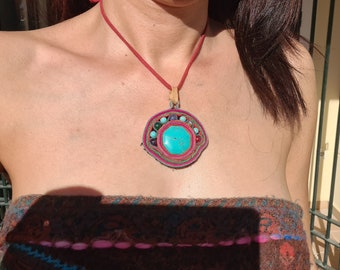 Boho Turquoise Pendant Necklace: Handmade Leather Charm, Ethnic Jewelry