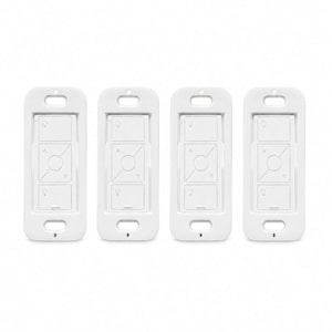 May include: Four identical white rectangular light switches arranged in a row. Each switch features a central circular button flanked by two smaller rectangular buttons above and below, all housed within a smooth, rounded white plastic frame.