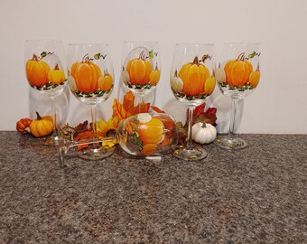 Pumpkin Wine Glasses Sunflower Wine Glasses Fall wine glasses Personalized Hand painted Wine Glasses