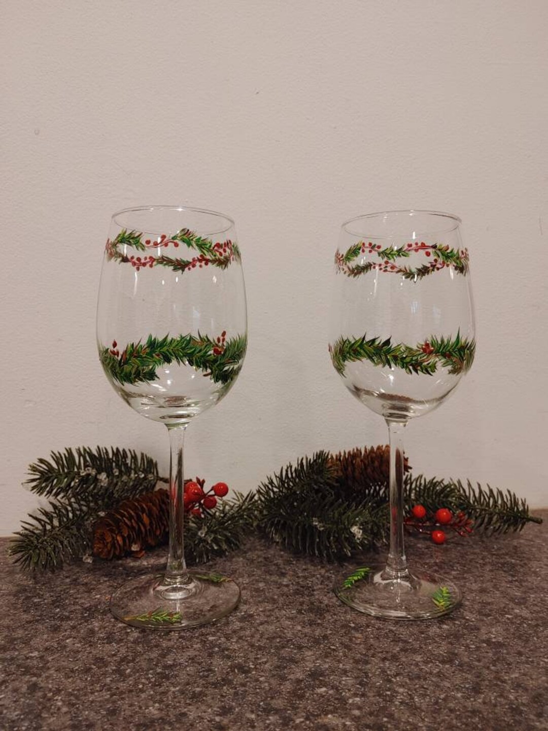 Holiday Wine Glasses, Festive Wine Glasses, Garlands and Berries Etsy
