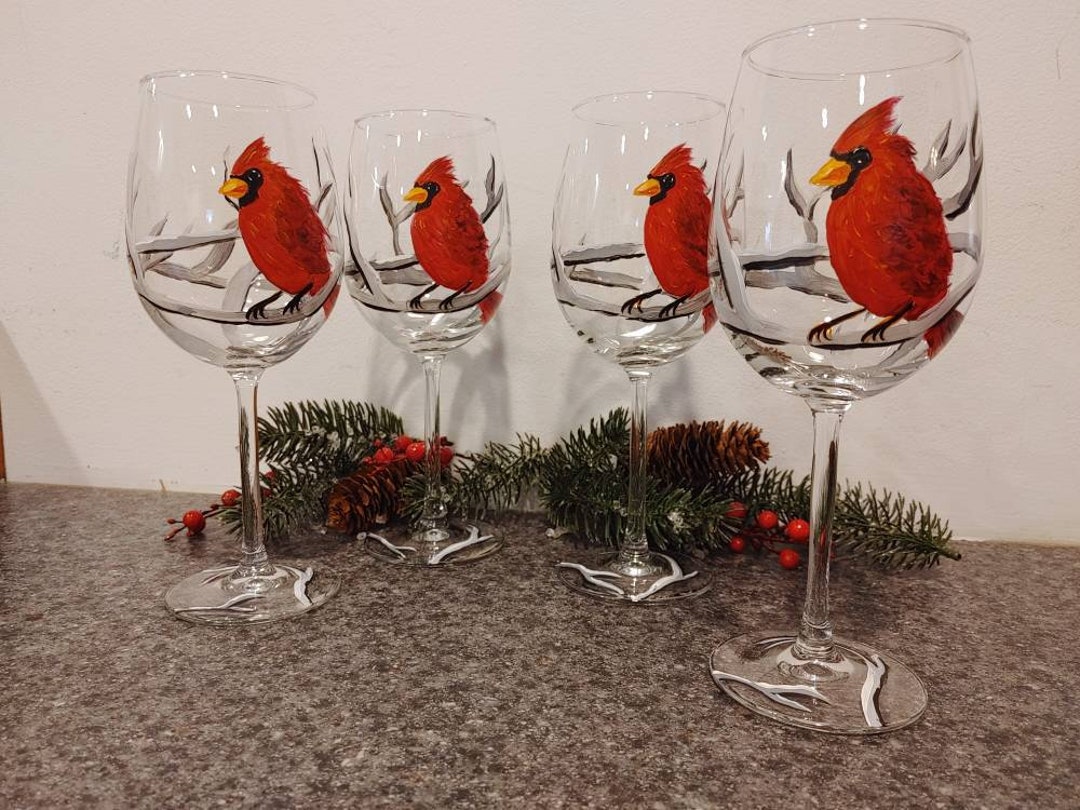 Cardinal Wine Glass Hand Painted Red Spirit Bird Snowy Tree