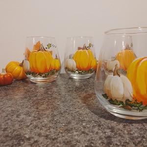 Fall home decor, pumpkin wine glasses, painted wine glasses, autumn wine glasses, stemless wine glasses,set of four autumn wine glasses