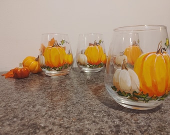 Fall home decor, pumpkin wine glasses, painted wine glasses, autumn wine glasses, stemless wine glasses,set of four autumn wine glasses