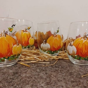 Thanksgiving wine glasses/ autumn wine glasses/ stemless wine glasses/ set of four autumn wine glasses