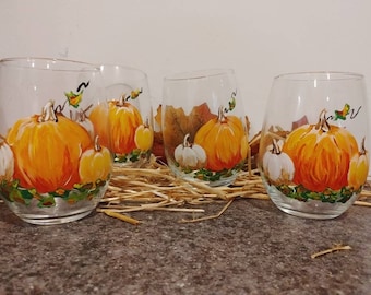 Thanksgiving wine glasses/ autumn wine glasses/ stemless wine glasses/ set of four autumn wine glasses