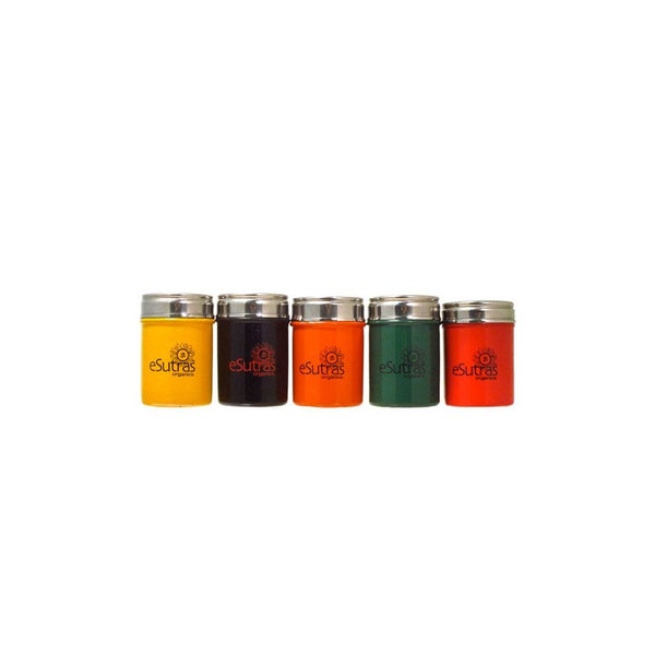 A Great GIFT Canisters with Organic SPICES 5 beautiful colored stainless steel jars 2 oz with see through lids