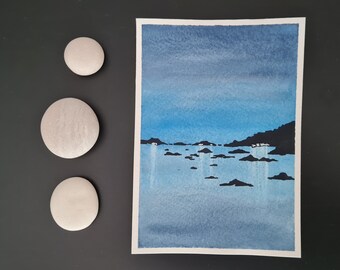 Pintura original de ACUARELA "Blue Hour" // A6 // Arte pequeño hecho a mano // Postal // Decoración de pared // Mood Board // Espacio de trabajo inspirador