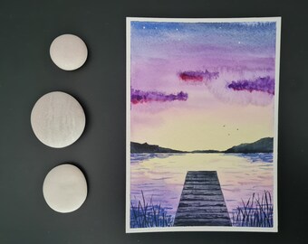 Pintura original en ACUARELA "Lonely Lake" // A6 // Arte pequeño hecho a mano // Postal // Decoración de pared // Mood Board // Espacio de trabajo inspirador