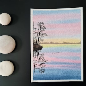 Pittura originale ad acquerello "Pallasjärvi" // A6 // Tiny Art fatta a mano // Cartolina // Decorazione murale // Mood Board // Spazio di lavoro ispiratore