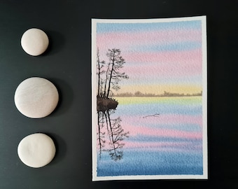 Pintura original de acuarela "Pallasjärvi" // A6 // Handmade Tiny Art // Postal // Decoración de pared // Mood Board // Espacio de trabajo inspirador