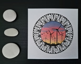 AcuARELA original Pintura de mandala "Windpark Sunset" // 10cm // Arte pequeño hecho a mano // Postal // Decoración de pared // Mood Board // Geométrico