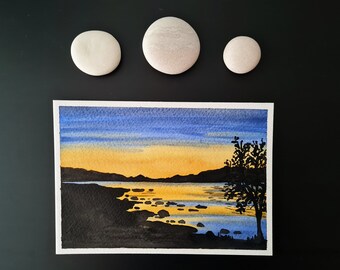 Pintura original de acuarela "Alesund Sunset" // A6 // Tiny Art hecho a mano // Postal // Decoración de pared // Mood Board // Espacio de trabajo inspirador
