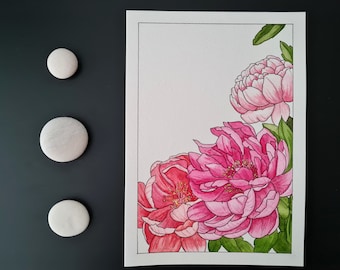 ACUARELA original y pintura de marcadores "Peonías rosas" // A5 // Arte hecho a mano // Decoración de paredes // Mood Board // Espacio de trabajo inspirador