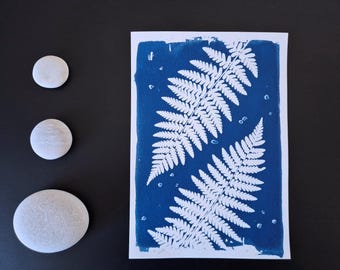 Cianotipia original "Helechos 3" // A5 // Arte hecho a mano // Impresión solar // Decoración de pared // Tablero de inspiración // Espacio de trabajo inspirador // Lámina botánica