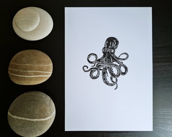 LINOPRINT Oktopus || A5 || Handgemachte Original Wandkunst || Meereslebewesen