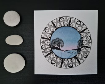 Original Aquarell Mandala Malerei "Frosty Morning" // 10cm // Handgeknöpfte // Postkarte // Wanddekoration // Stimmungstafel // Geometrische